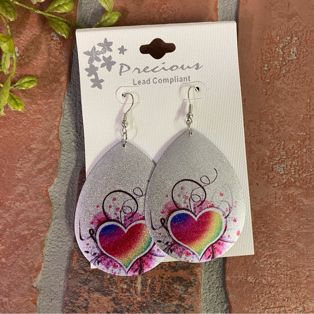 Fashion Silver Tone Large Teardrop Colorful Heart Valentine Earrings Hoo…